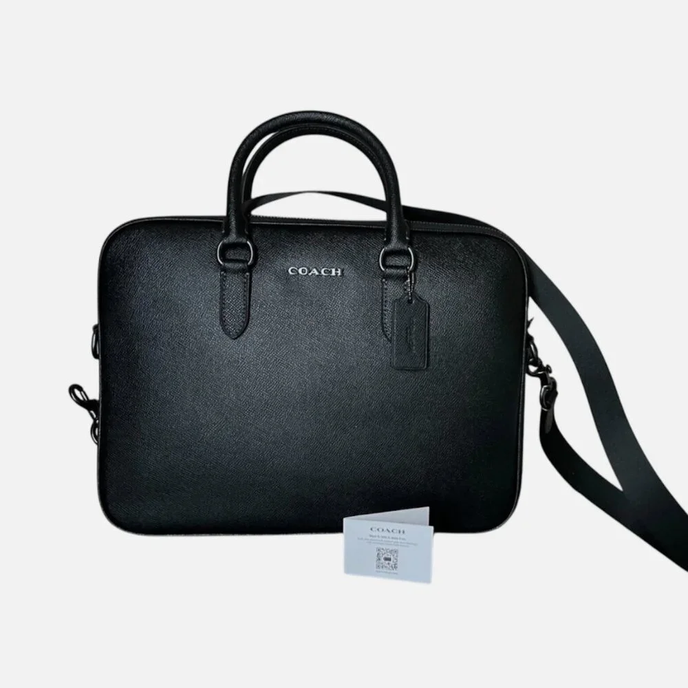 NEW Coach Liam Crossgrain Black Leather Compact Briefcase Small Laptop Bag $450